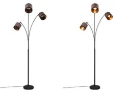 Große LED Stehleuchte 3-flammig mit Stoffschirmen in Taupe/Gold, Höhe 185cm