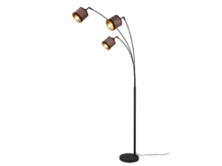 Große LED Stehleuchte 3-flammig mit Stoffschirmen in Taupe/Gold, Höhe 185cm