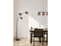 Große LED Stehleuchte 3-flammig mit Stoffschirmen in Taupe/Gold, Höhe 185cm