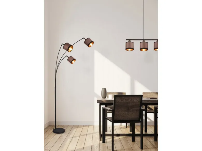 Große LED Stehleuchte 3-flammig mit Stoffschirmen in Taupe/Gold, Höhe 185cm