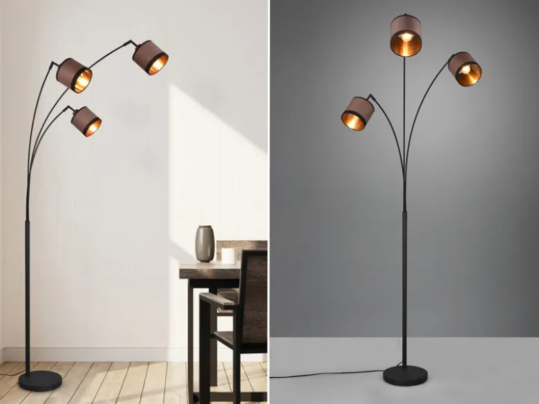 Große LED Stehleuchte 3-flammig mit Stoffschirmen in Taupe/Gold, Höhe 185cm
