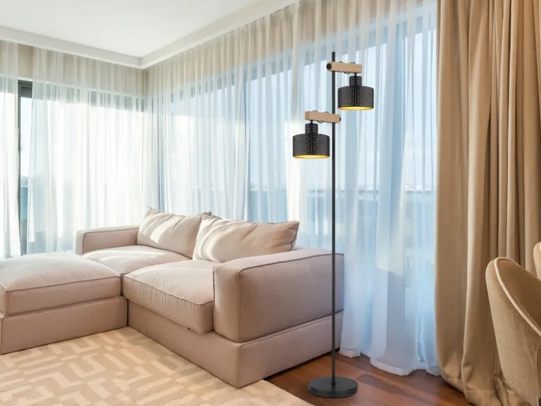 Große LED Stehleuchte Metall Schwarz Gold 2-flammig, Höhe 168cm