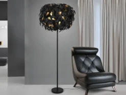 Große LED Stehleuchte mit Blätter Lampenschirm Schwarz Gold, Höhe 180cm