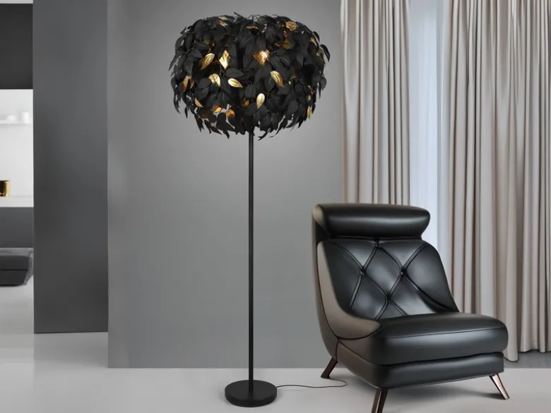 Große LED Stehleuchte mit Blätter Lampenschirm Schwarz Gold, Höhe 180cm