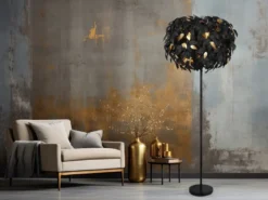 Große LED Stehleuchte mit Blätter Lampenschirm Schwarz Gold, Höhe 180cm