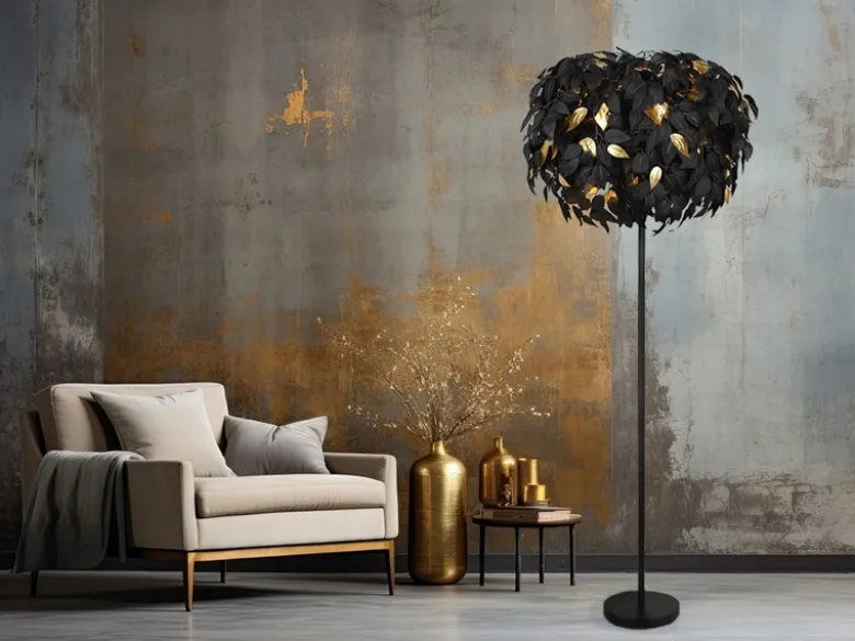 Große LED Stehleuchte mit Blätter Lampenschirm Schwarz Gold, Höhe 180cm