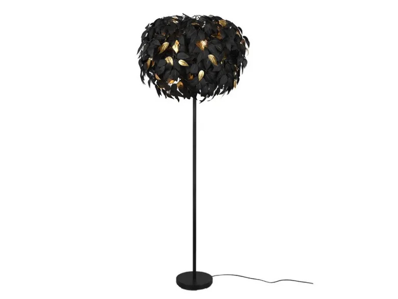 Große LED Stehleuchte mit Blätter Lampenschirm Schwarz Gold, Höhe 180cm