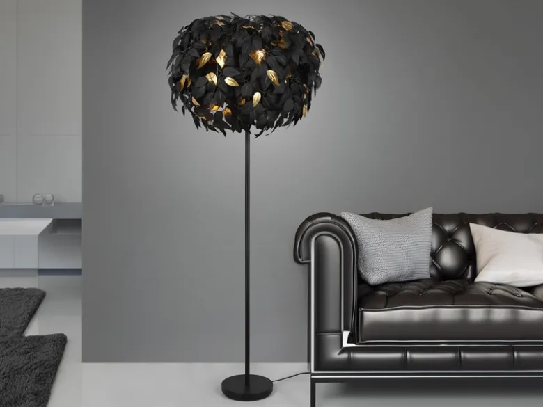Große LED Stehleuchte mit Blätter Lampenschirm Schwarz Gold, Höhe 180cm