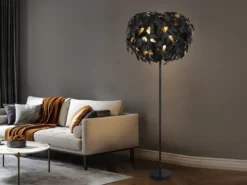 Große LED Stehleuchte mit Blätter Lampenschirm Schwarz Gold, Höhe 180cm