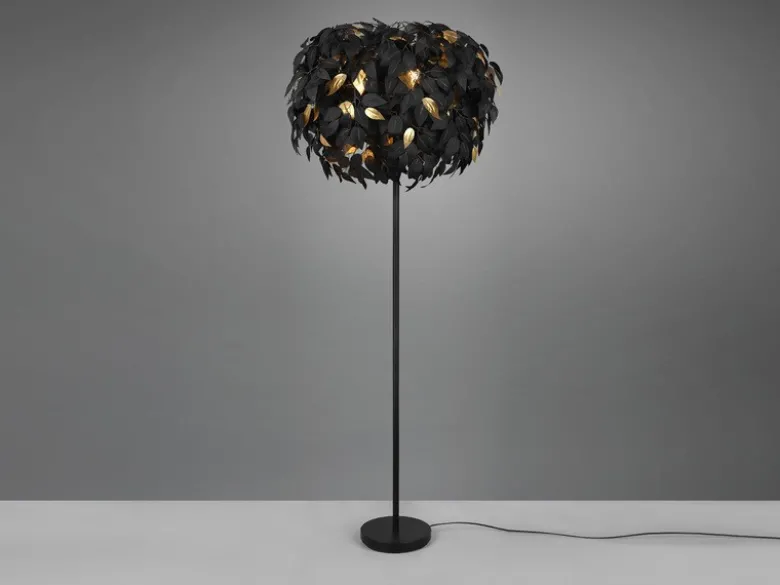 Große LED Stehleuchte mit Blätter Lampenschirm Schwarz Gold, Höhe 180cm