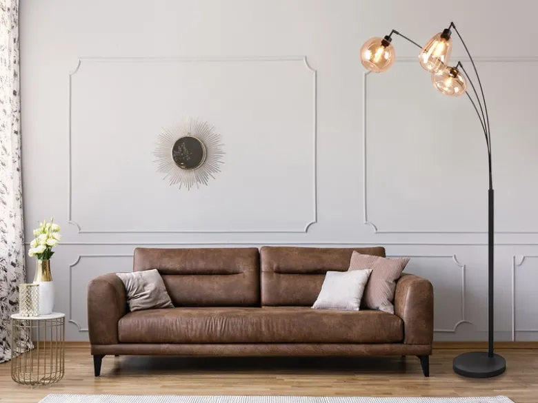 Große LED Stehleuchte mit 3 Glas Lampenschirmen amberfarbig, H: 200cm