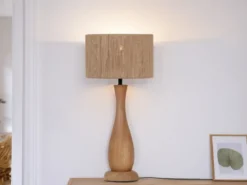 Große LED Tischleuchte aus Naturholz mit Lampenschirm aus Jute, Höhe 54cm