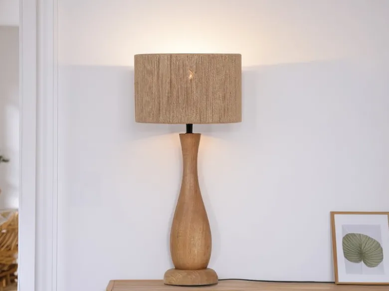 Große LED Tischleuchte aus Naturholz mit Lampenschirm aus Jute, Höhe 54cm