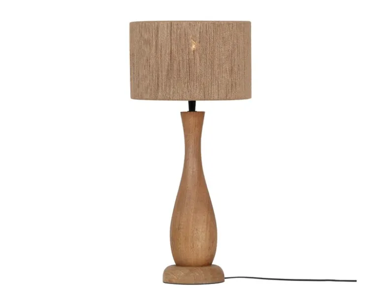 Große LED Tischleuchte aus Naturholz mit Lampenschirm aus Jute, Höhe 54cm
