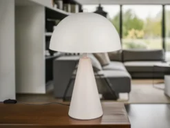 Große LED Tischleuchte in Pilzform aus Metall Hellgrau, Höhe 43cm