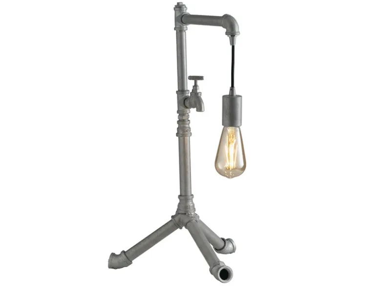 Große LED Tischleuchte in Wasserrohr Optik, Grau antik, Höhe 61cm