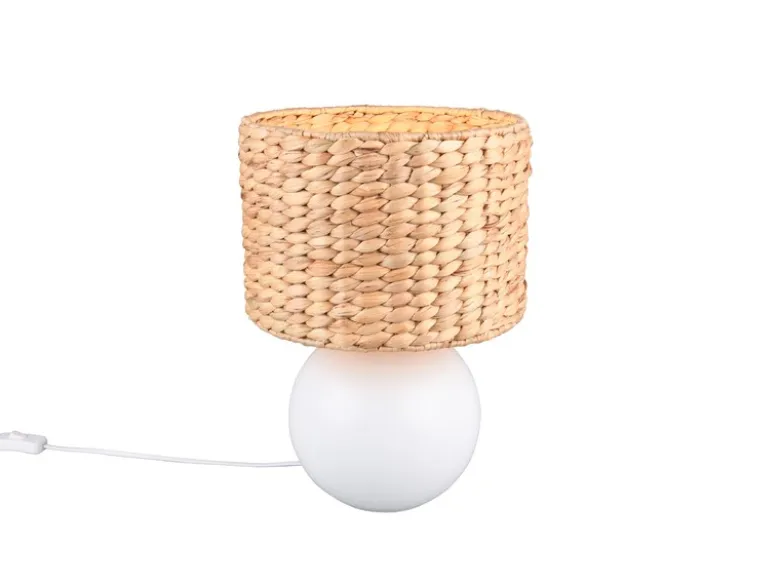 Große LED Tischleuchte Keramikfuß Weiß mit Seegras Lampenschirm, Höhe 40cm