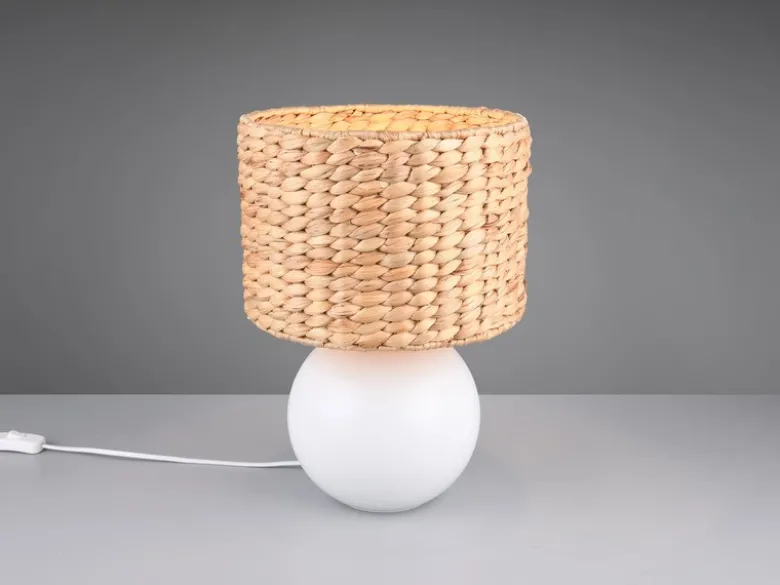 Große LED Tischleuchte Keramikfuß Weiß mit Seegras Lampenschirm, Höhe 40cm