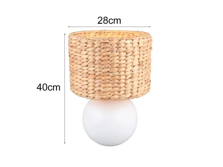 Große LED Tischleuchte Keramikfuß Weiß mit Seegras Lampenschirm, Höhe 40cm
