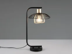 Große LED Tischleuchte mit Gitter Lampenschirm Schwarz Gold, Höhe 44cm