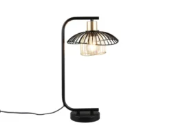 Große LED Tischleuchte mit Gitter Lampenschirm Schwarz Gold, Höhe 44cm