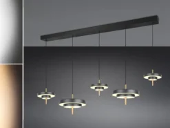 Große moderne LED Pendelleuchte KEATON 5-flammig, Schwarz Gold, Breite 140cm