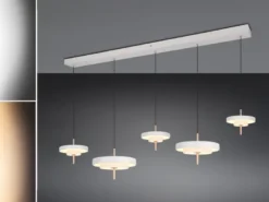 Große moderne LED Pendelleuchte KEATON 5-flammig, Hellgrau Breite 140cm