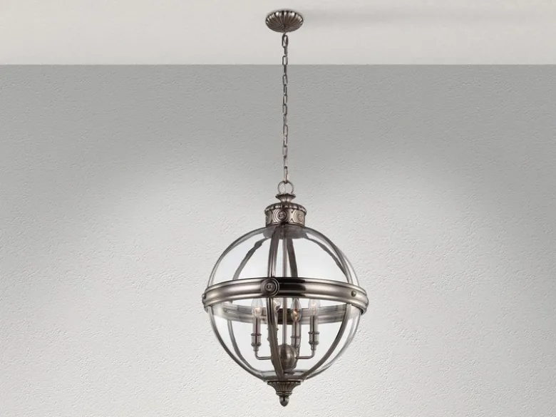 Große Pendelleuchte ADAMS mit Glaskugel & Stahl massiv in Silber Antik, Ø 50cm