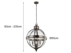 Große Pendelleuchte ADAMS mit Glaskugel & Stahl massiv in Silber Antik, Ø 50cm