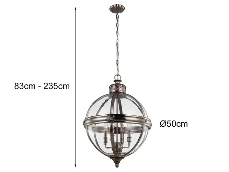 Große Pendelleuchte ADAMS mit Glaskugel & Stahl massiv in Silber Antik, Ø 50cm