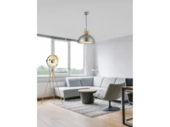 Große Pendelleuchte DELHI mit Metall Lampenschirm und Holzelement, Ø 45cm
