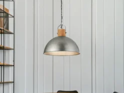 Große Pendelleuchte DELHI mit Metall Lampenschirm und Holzelement, Ø 45cm