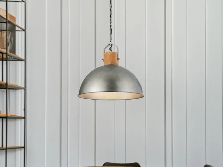 Große Pendelleuchte DELHI mit Metall Lampenschirm und Holzelement, Ø 45cm