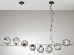 Große Pendelleuchte HONEY 8-flammig Schwarz-Glaskugeln Rauchglas, Breite 145cm