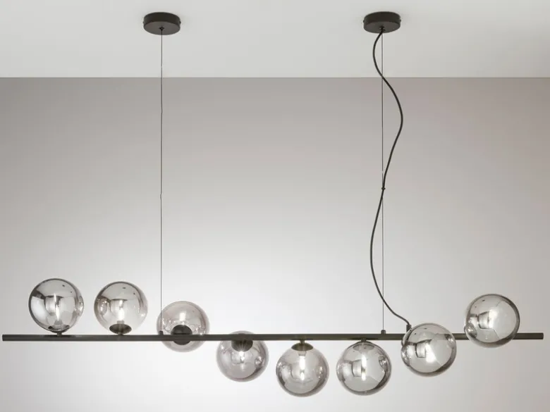 Große Pendelleuchte HONEY 8-flammig Schwarz-Glaskugeln Rauchglas, Breite 145cm
