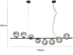 Große Pendelleuchte HONEY 8-flammig Schwarz-Glaskugeln Rauchglas, Breite 145cm