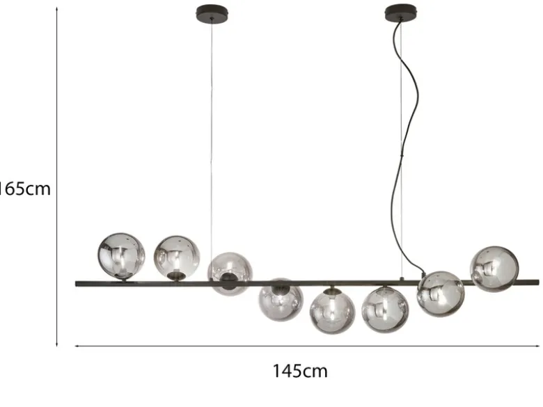 Große Pendelleuchte HONEY 8-flammig Schwarz-Glaskugeln Rauchglas, Breite 145cm