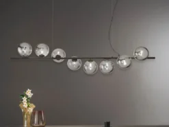 Große Pendelleuchte HONEY 8-flammig Schwarz-Glaskugeln Rauchglas, Breite 145cm