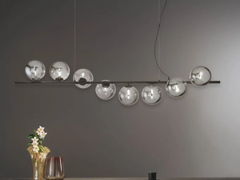 Große Pendelleuchte HONEY 8-flammig Schwarz-Glaskugeln Rauchglas, Breite 145cm