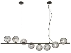 Große Pendelleuchte HONEY 8-flammig Schwarz-Glaskugeln Rauchglas, Breite 145cm