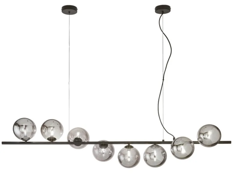 Große Pendelleuchte HONEY 8-flammig Schwarz-Glaskugeln Rauchglas, Breite 145cm