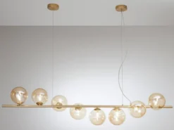 Große Pendelleuchte HONEY 8-flammig Gold-Glaskugeln Bernstein, Breite 145cm
