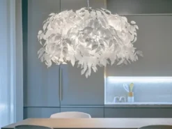 Große Pendelleuchte LEAVY mit Blätter Lampenschirm in Weiß, Ø 70cm