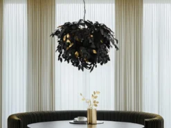 Große Pendelleuchte LEAVY mit Blätter Lampenschirm Schwarz Gold, Ø 70cm