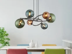 Große Pendelleuchte RIHA Anthrazit 6-flammig mit bunten Glaskugeln, Ø 65cm