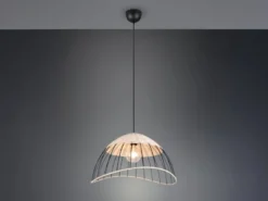 Große Pendelleuchte SANDRINE mit Lampenschirm aus Rattan & Draht, Ø 48cm