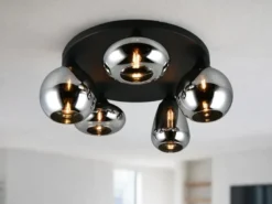 Große Retro Deckenleuchte LUMINA mit 5 Glasschirmen in Chrom Ø 63,5cm