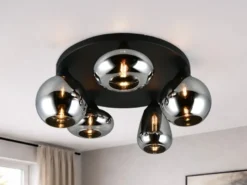 Große Retro Deckenleuchte LUMINA mit 5 Glasschirmen in Chrom Ø 63,5cm