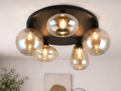 Große Retro Deckenleuchte LUMINA mit 5 Glasschirmen Amberfarbig Ø 63,5cm
