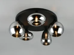 Große Retro LED Deckenleuchte mit 5 Glasschirmen Chrom Ø 63,5cm